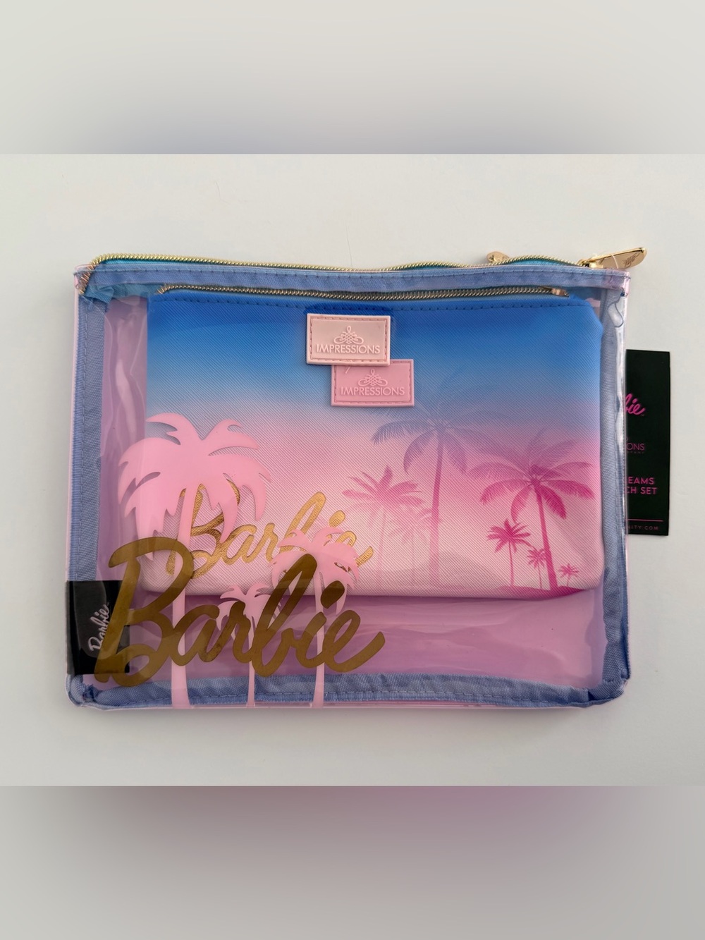 Barbie Impressions Beach Dreams Pink & Blue Ombre Cosmetic 2pc Slim Pouch Set